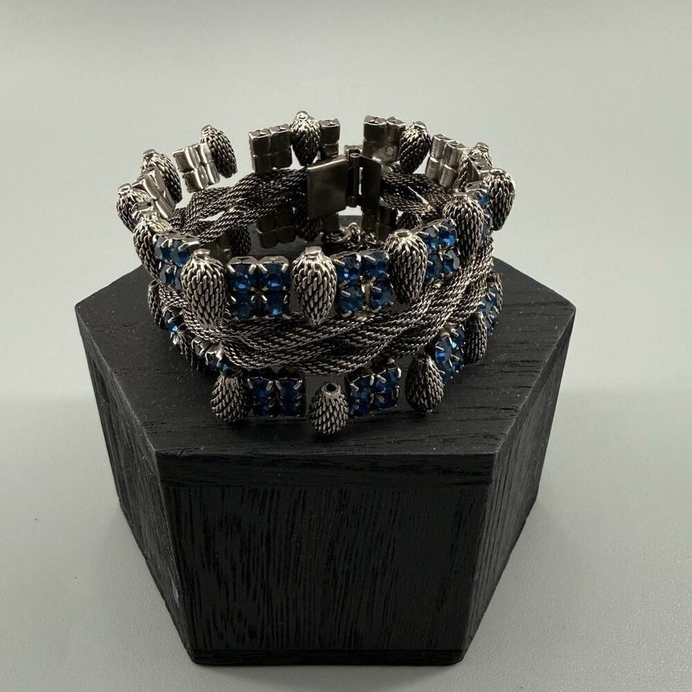 Vintage Blue Rhinestone Wide Bracelet Silver Tone Braided Mesh Statement Glam